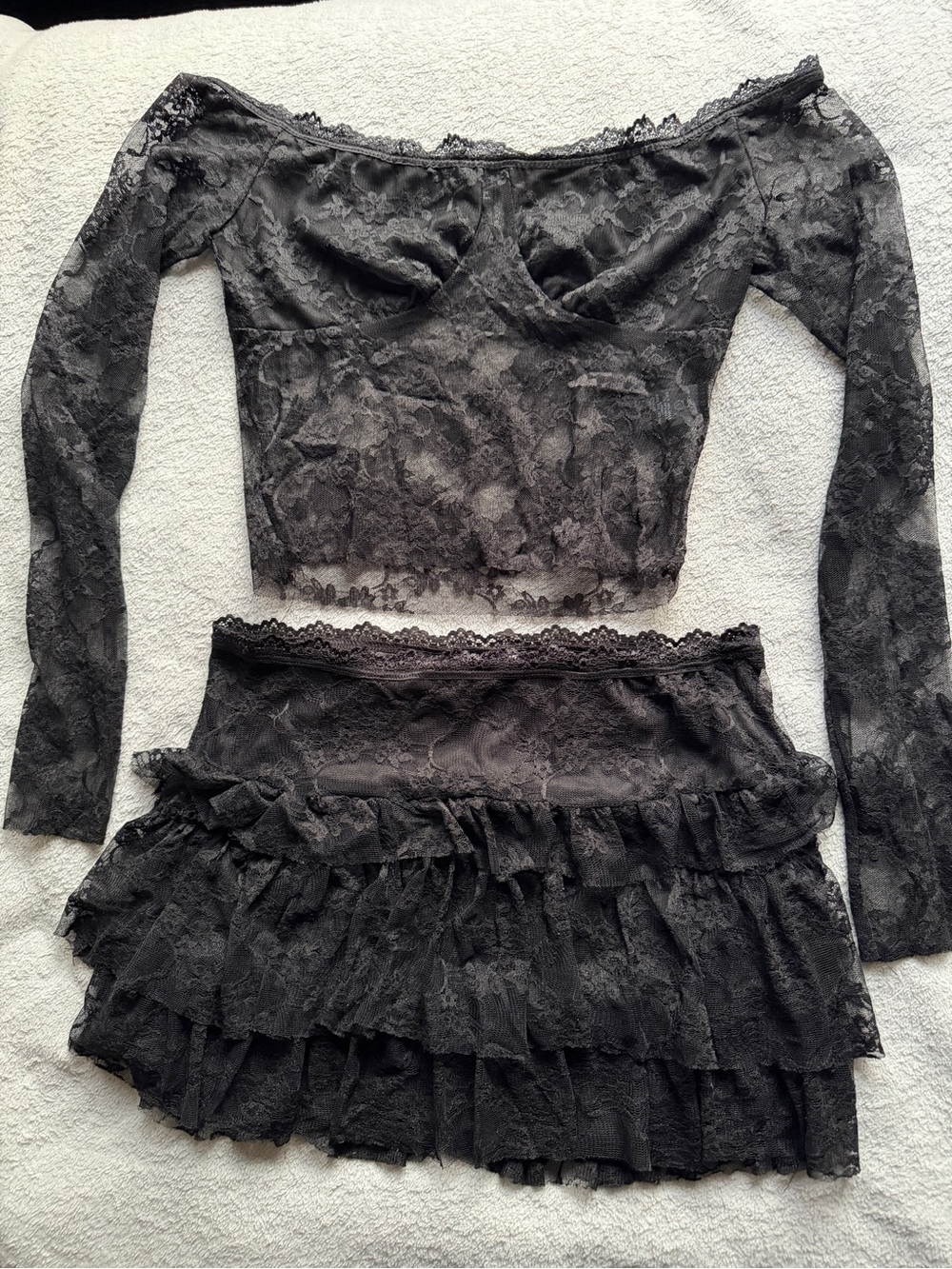 Fashion Nova Black Lace Tiered Ruffle Mini Skirt and top